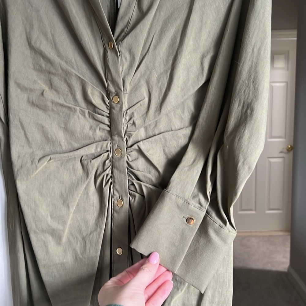 Zara Olive Green Long Sleeve Button-Front Maxi Dress - Picture 3 of 5